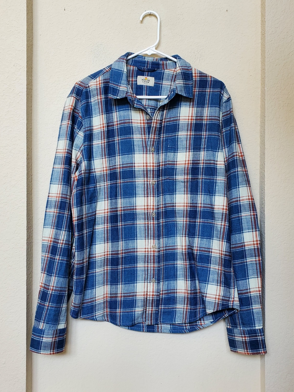 Marine Layer Blue and White Plaid Button-Down Shirt with Red Accents. Size Med